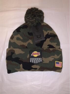 Los Angeles Lakers Beanie Hat NBA Salute to Service Green Camo USA Flag Patch